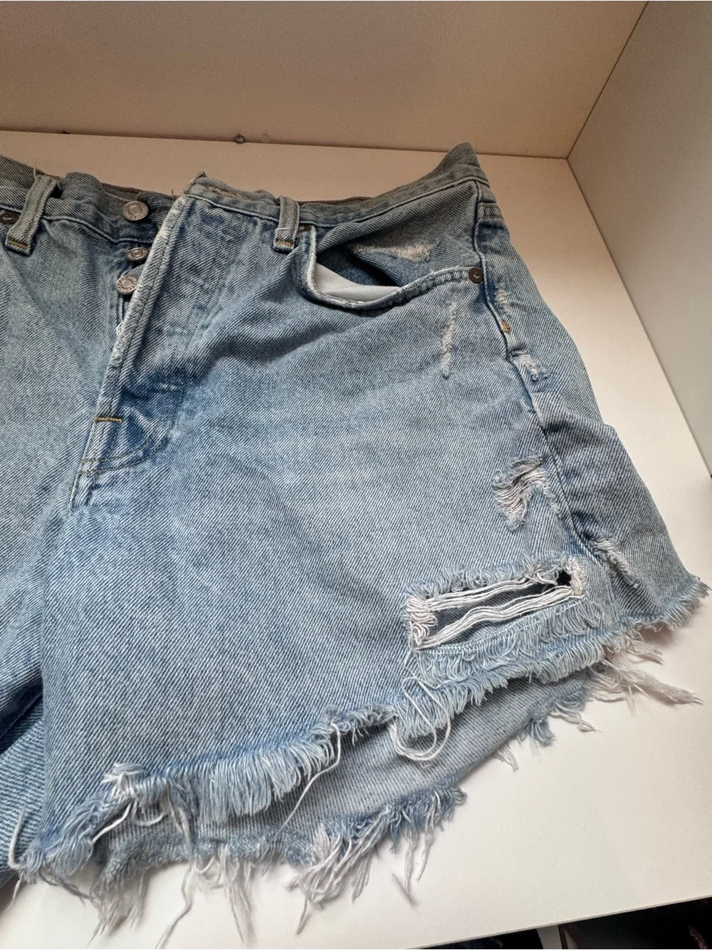 Agolde Light Blue Distressed High-Rise Denim Shorts- Parker Long